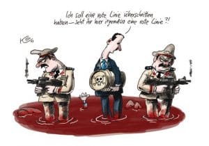Wenn der Gasmann dreimal klingelt, steht die Weltpolizei mit neuer Syrien-Strategie in der Tür Obamas rote Linie Syrien Giftgas Assad nahost Krise karikatur Klaus Stuttmann
