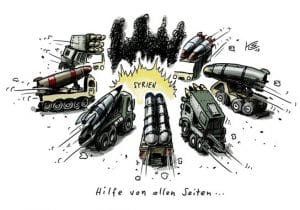 Wenn der Gasmann dreimal klingelt, steht die Weltpolizei mit neuer Syrien-Strategie in der Tür Syrien Hilfe von allen Seiten Karikatur Klaus Stuttmann