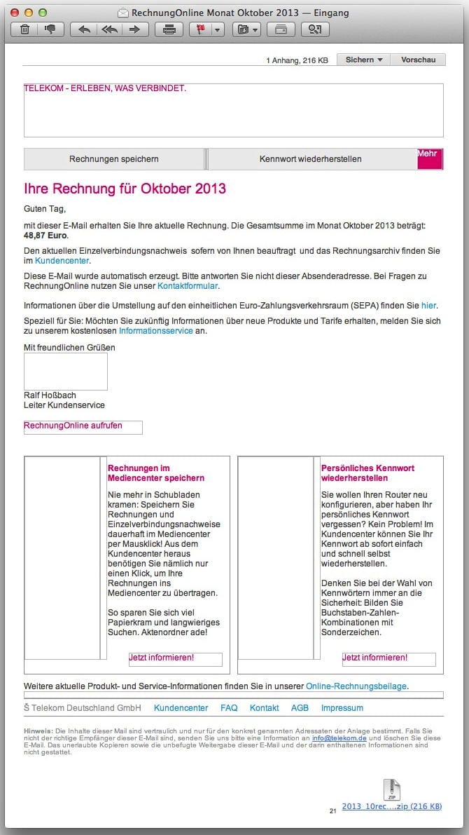 Virenalarm, Betrugsversuch mit vermeintlicher Telekom-Rechnung Bildschirmfoto 2013-09-30 um 18.02.54