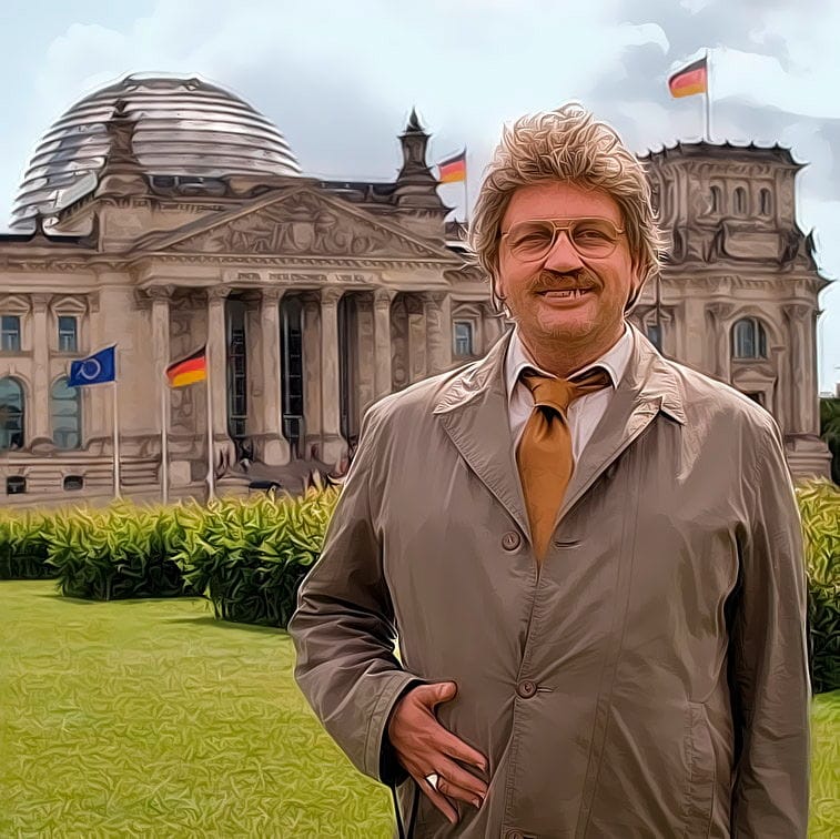 Merkel schmeißt hin, Suche nach parteilosem Generalschuldübernehmer für Kanzler-Job Horst Schlaemmer in Kanzlerpose vor dem deutschen Reichstag isch kandidiere