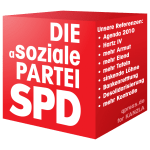Deutscher Lohn-Hohn am Fallbeispiel Angela Merkel SPD-Cube Logo die asoziale Partei qpress