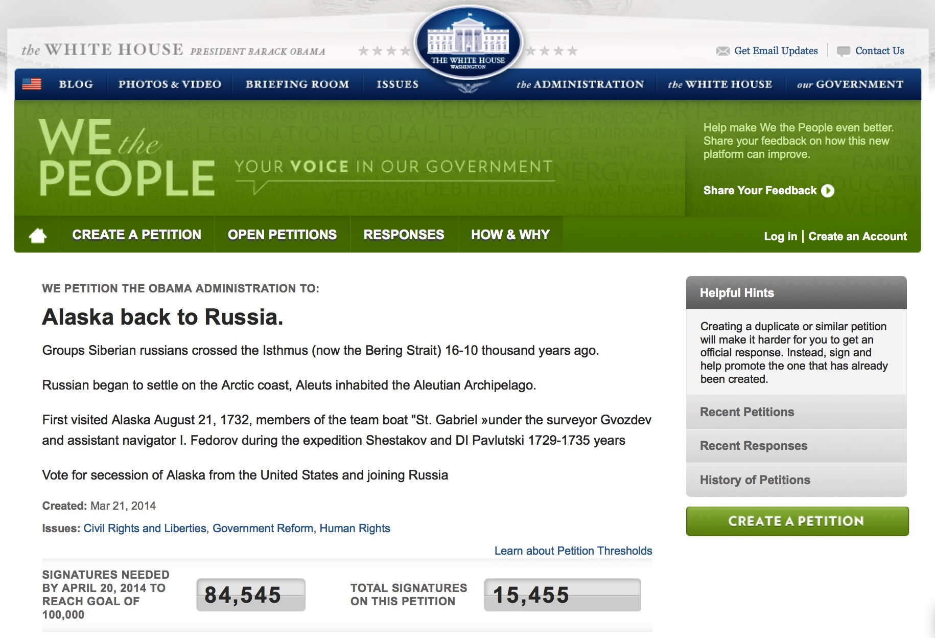 Alaska geht zurück an Russland, Rest an die Indianer, 300 Mio. Amerikaner heimatlos Screenshot petition white house free alaska to russia now