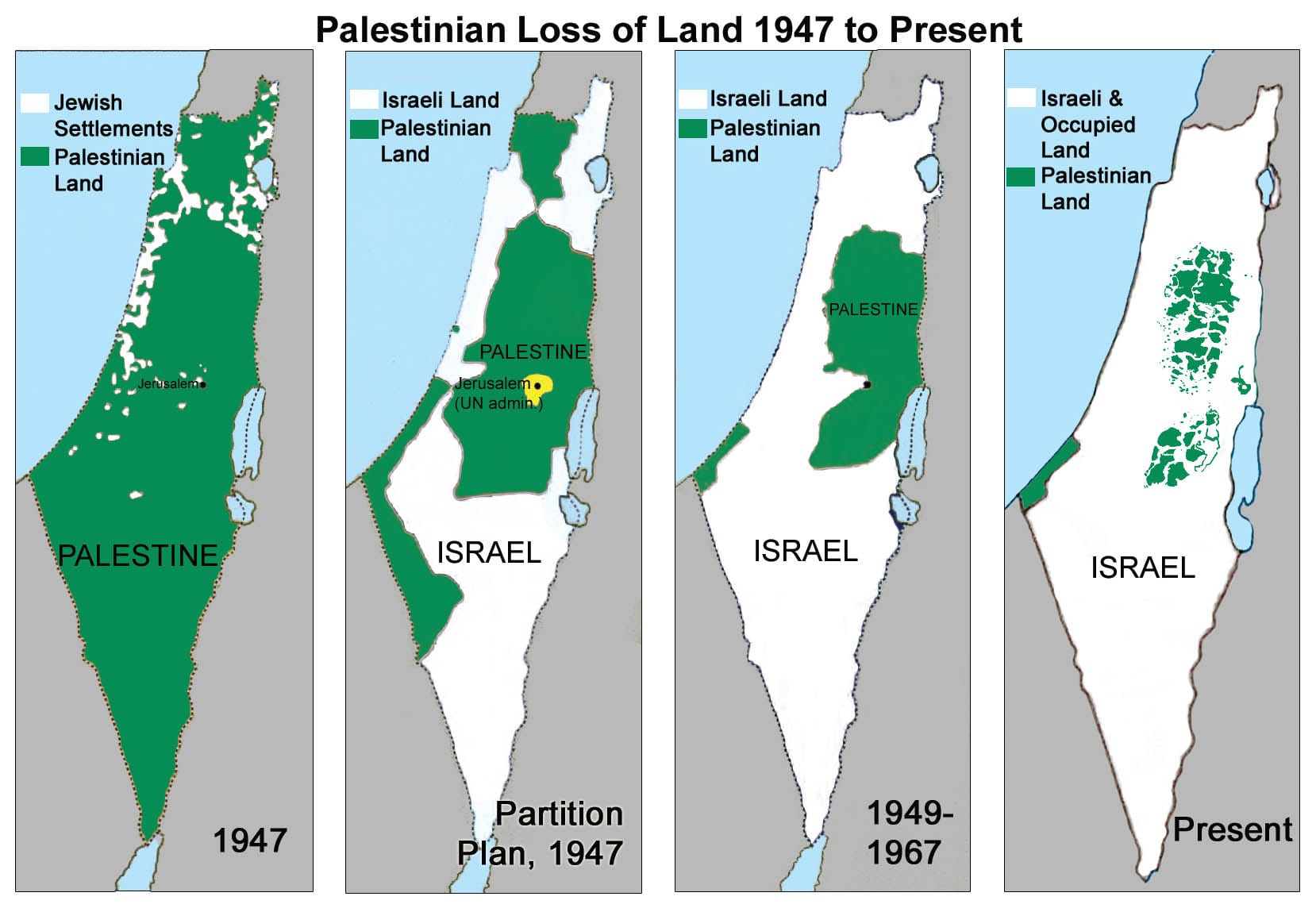 Entwicklung des palaestinensichen Siedlungsgebietes 1947 Gaza West Jordanland bis heute