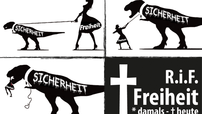 Tod der Freiheit durch Sicherheit Ueberwachungsstaat Grundrechte Verbote Einschraenkungen Saurier Liberty dinosaur