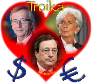 Die neue europäische Zentralregierung heißt Troika Heart and Soul of Gold Herz und Seele des Geldes currencies Draghi Lagarde Juncker Euro Dollar Money qpress fakeworld EZB Zentralbank Geldschwindel Betrueger Troika