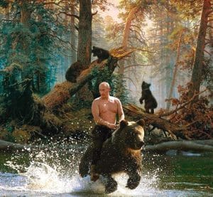  Putin täuscht USA Wladimir Putin reitet den russischen Baeren oder bindet dem Westen einen auf Russland Amerika Sanktionen Propaganda mit Kulisse Landschaft