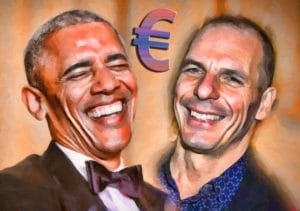 Obama und Varoufakis einig, Europa zahlt die Zeche Barack Hussein Obama Jannis Yanis Varoufakis amused vergnuegt ein Prosit auf den Euro USA Griechenland muss im euroraum bleiben