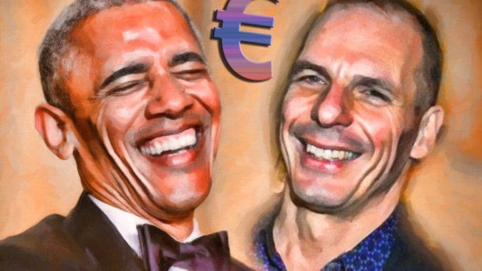 Barack Hussein Obama Jannis Yanis Varoufakis amused vergnuegt ein Prosit auf den Euro USA Griechenland muss im euroraum bleiben