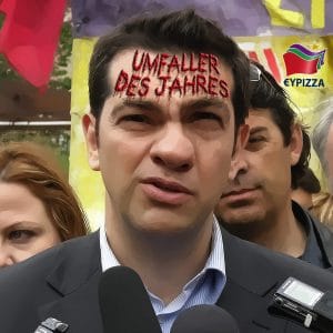 Banken-Soli, endlich Finanzfaschismus für ganz Europa Alexis Tsipras Parteifuehrer SYRIZA Umfaller des Jahres Griechenland Aufruhr Revolution Branding qpress