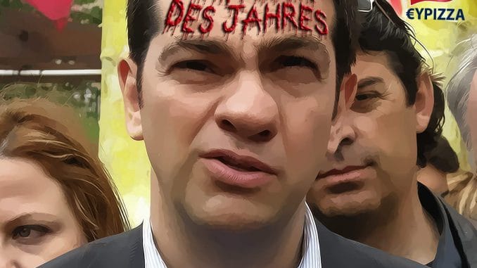 Alexis Tsipras Parteifuehrer SYRIZA Umfaller des Jahres Griechenland Aufruhr Revolution Branding qpress