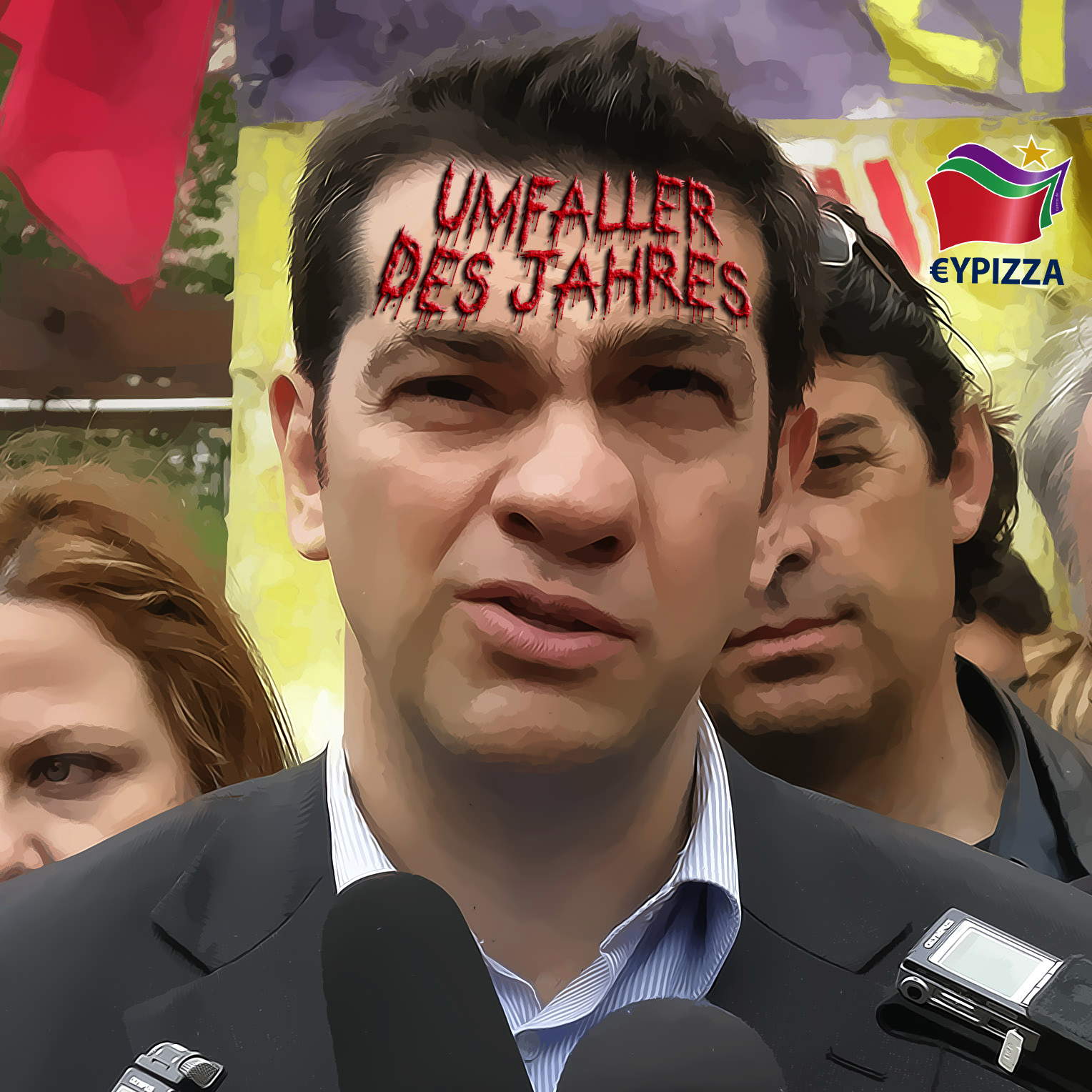 Alexis Tsipras Parteifuehrer SYRIZA Umfaller des Jahres Griechenland Aufruhr Revolution Branding qpress