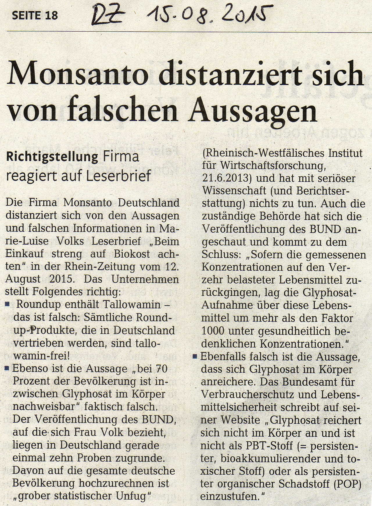 02-Monsanto distanziert sich 15082015 Gegendarstellungdes Konzerns