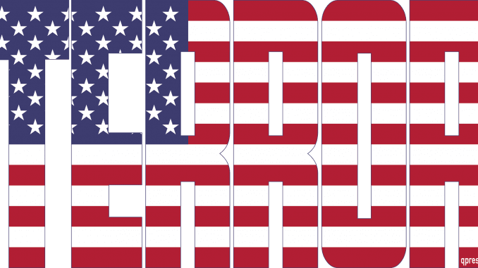 USA Flag Flagge Terror Imperialism Fahne Symbol Macht Weltherrschaft Gewalt Krieg Unterdrueckung weiss qpress