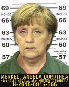 Mugshot Fahndungsbild Angela Dorothea Merkel alias Hells Angela alias Mutter Terroresia alias Bundesmutti Mutter der Nation verbrechen gegen die Menschlichkeit schlepper schleuser fluchthilfe qpress