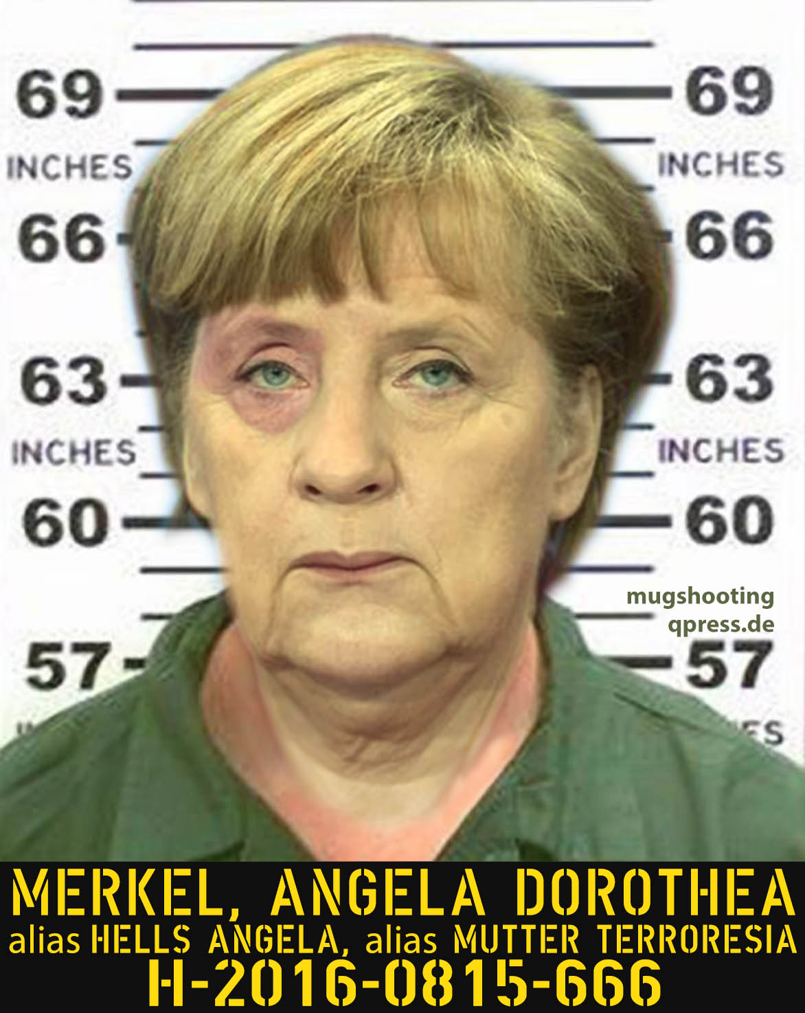 Mugshot Fahndungsbild Angela Dorothea Merkel alias Hells Angela alias Mutter Terroresia alias Bundesmutti Mutter der Nation verbrechen gegen die Menschlichkeit schlepper schleuser fluchthilfe qpress