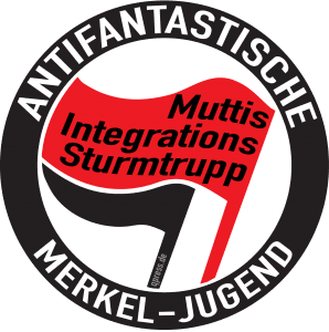 Merkel-Jugend wird Flüchtlingskrise mit freiwilliger Zwangsarbeit lösen Antifa logo antifaschistische antifantastische Merkel-Jugend FDJ Jugendorganisation Symbol links Randale schwarzer Block