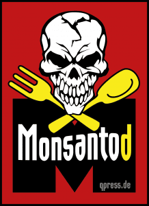 Herbizid, Pestizid, Genozid: Glyphosat muss genehmigt werden Monsanto Logo Monsantod Gift Pestizid lebensmittel nahrung Gentech Schaedel Loeffel Gabel Tod vergiftung qpress