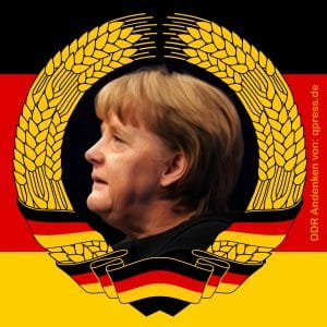 Bolitisch, plöd, blakativ - wissenschaftliche Ossikunde, made in BRD Angela Merkel Staatsratsvorsitzende Wiederwahl Flag_of_East_Germany Gedenk Bildnis