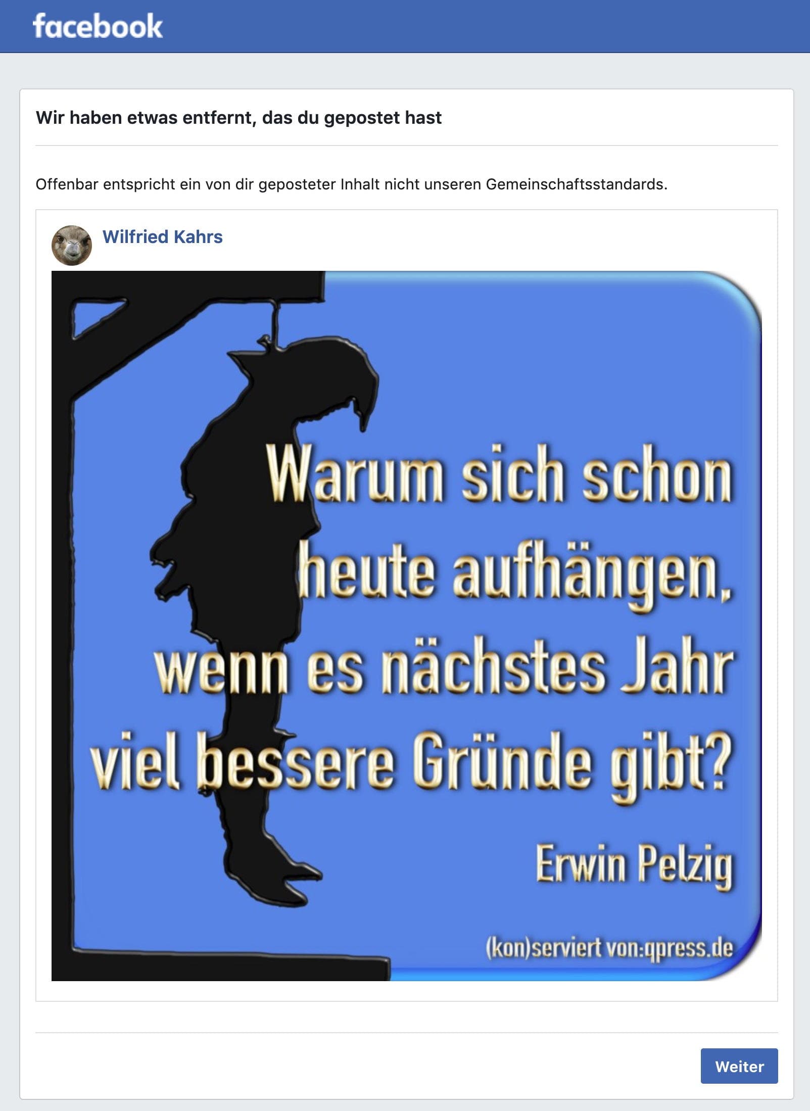 Facebook konto mit eingeschränkter Berechtigung sperre zensur Pelzig Zitat Suizid selbsmord