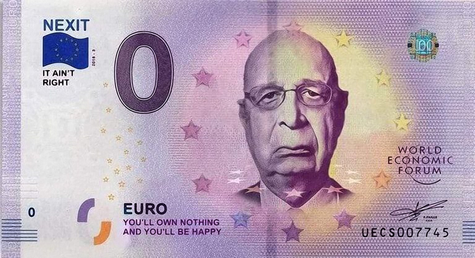 Der Null 0 Euro Schein nach Klaus Schwab nichts meint nichts